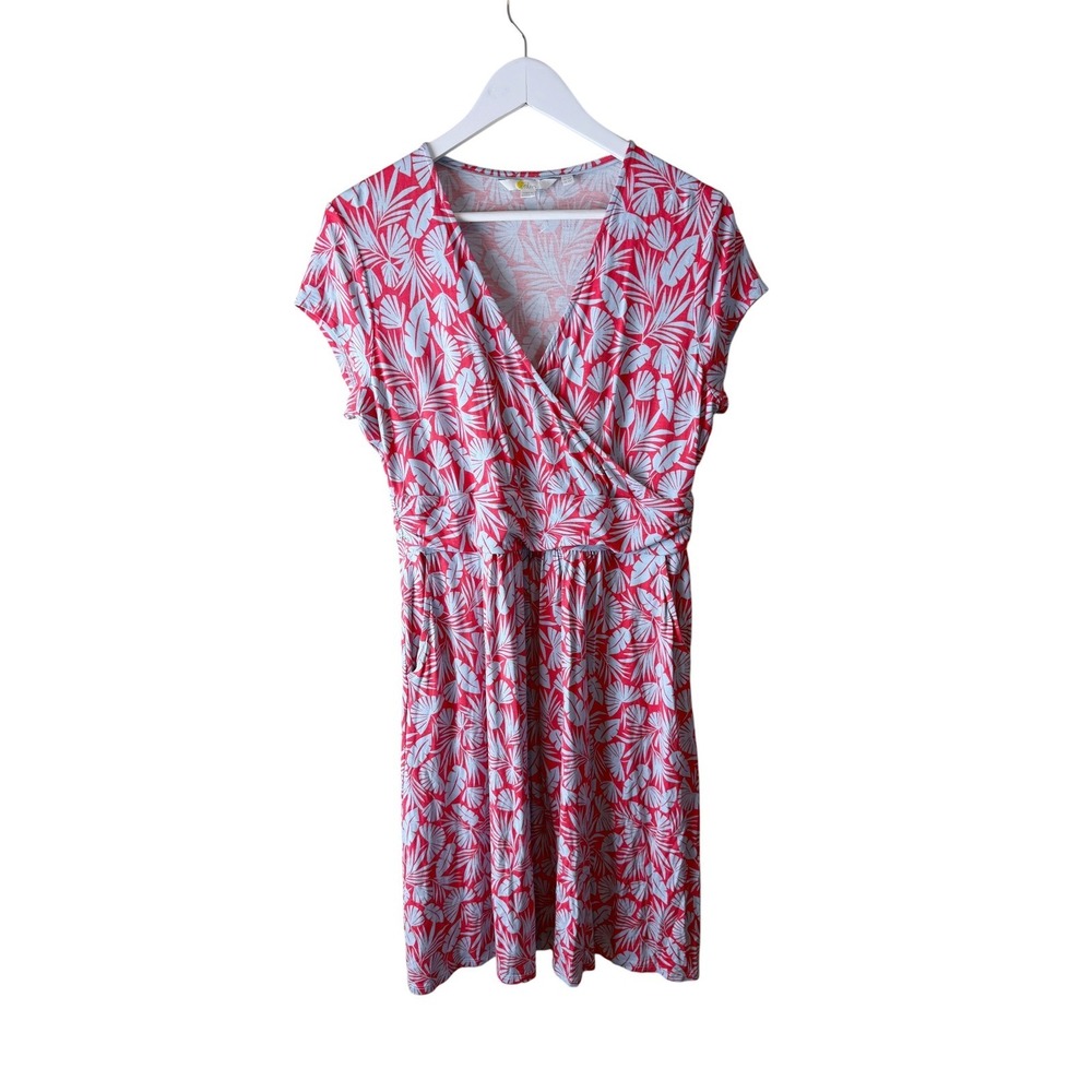 Boden Red Blue Tropical Palm Leaf Faux Wrap Jersey Dress Pockets US 12P Petite